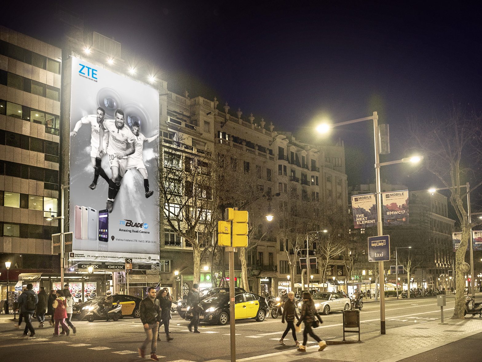 outdoor AD banner of ZTE Blade V8 endorsed by Sevilla Ftbol Club established at Barcelona